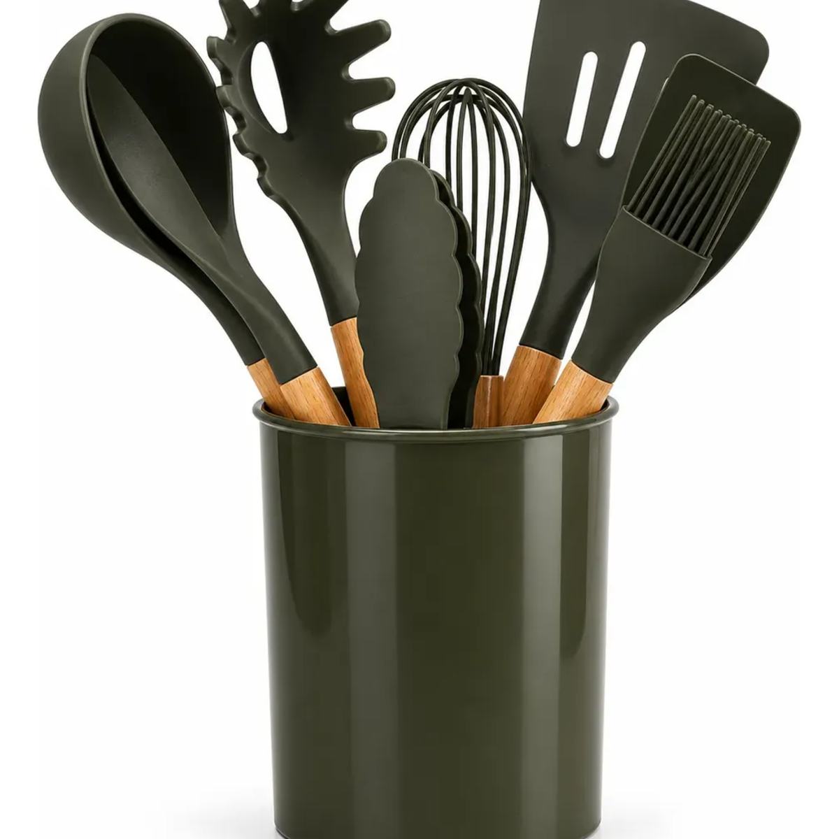 Set Kit X9 Utensilios De Cocina Mango Madera Silicona Carol