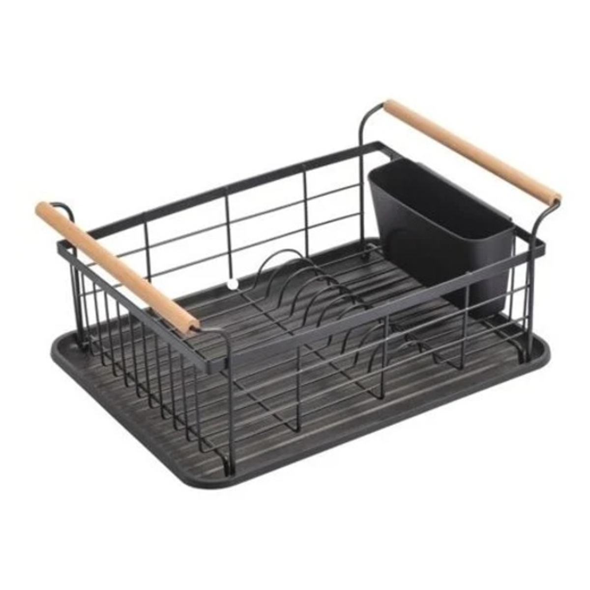 ESCURRIDOR PLATOS METAL NEGRO ASAS MADERA