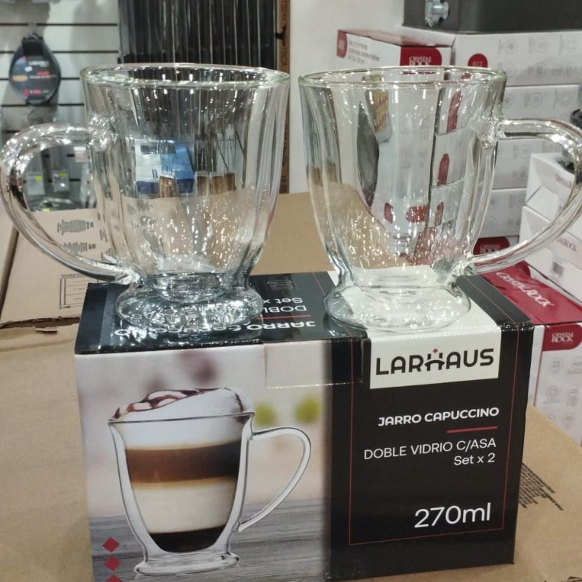 JARRO CAPUCCINO BARISTA DOBLE  VIDRIO C/ASA 270 cc PACK x 2